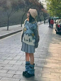 Vevesc Harajuku Lazy Graffiti O-neck Blue Tops Women Summer New Knitted Pullover Y2k E-Girl Long Sleeve Loose Sweaters Mujer