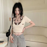 Vevesc V Neck Bandage Crop Tops Y2k Slim Fit High Waist Korean Camisetas Women Two Piece Tees Halter Camis Plaid Short Sleeve Tshirts