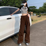 Vevesc Y2K Brown Drawstring Cargo Pants Women Vintage Hip Hop Streetwear Baggy Pocket Wide Leg Trousers Summer Casual Straight Pants