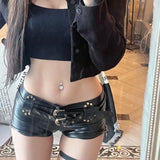 Vevesc American Black Punk PU Shorts for Women Y2k Hot Girls Sexy Low Waist Zipper Vintage Fashion Nightclub Cute Female Cool Grunge