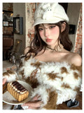 Vevesc Vintage Fur Patchwork Off Shoulder Tops Mujer Autum New All-match T-shirt for Women Y2k Slim Fit Long Sleeve Tee Shirt