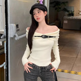 Vevesc American Vintage High Street Pleated Draped Pullovers Personality Belt Design Slim Y2k Harajuku Sweaters Sexy Bottom Shirts