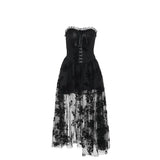 Vevesc Gothic Corset Dress Elegant Sheer Slim Fit Dark Bride Tulle Strapless  Dress