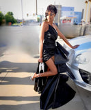 Vevesc Aso Ebi Stylished Black Asymmetrical Long Satin Evening Dresses With Detachable Train Sexy African Party Dress Maxi Gowns