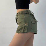 Vevesc Denim Cargo Mini Skirt Women Korean Style Low Waist Slim Sexy Vintage Streetwear Green Jean Skirt Y2k Girl Summer
