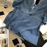Vevesc  French Chic Y2k Vest Shirts V Neck Sleeveless Ruffles Backless Lace Up Denim Blouses Summer 2000s Harajuku Design Girl Clothing