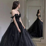 Vevesc Sexy Black Prom Dresses Sweetheart Off The Shoulder A-Line Tulle Lace Applique Backless Vestidos De Gala Evening Gowns For Women