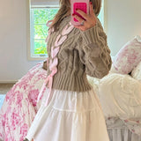 Vevesc Sweet Ribbon Criss-Cross Tie Up Sweater Girly Coquette Cable Knitted Pullovers Women Autumn Vintage Y2k Knitwear Jumpers Tops