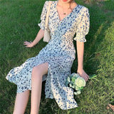 Vevesc Vintage Floral A Line Dress Women Sexy Slit Print V Neck Midi Dress Retro Elegant Holiday Korean Puff Sleeve Slim Dresses