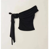 Vevesc  Asymmetrical Off Shoulder Bow Lace Up T-shirt Women Summer Sexy Folds Slim Fit Y2k Tops Fashion Spicy Girls Party Tees