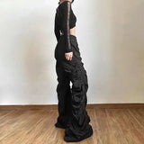 Vevesc Y2K Design Folds Wide Leg Trousers Women Gothic High Waist Drawstring Full Pants Fashion Baggy Casual Black Streetwear Clothes