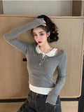 Vevesc Casual Slim Skinny Tshirts Women Korean Fashion Kpop Fake Two Piece Tees Design Off Shoulder Long Sleeve Tops Autumn