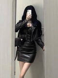 Vevesc Spicy Girl Motorcycle Leather Coat Hanging Strap Dress Two Piece Set Women  Fashion Lapel Temperament Solid Cool Spring Suit New