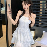 Vevesc White Ruffles Short Dresses Women's Elegant Sweet Sleeveless Mini Dress Korean Style Female Fashion Summer 2024  Casual