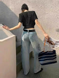 Vevesc  Women's Simple High Waist Wide Leg Denim Jeans Pant Solid Light Blue Washed Baggy Pant Spring Casual Daily Streetwear Trousers