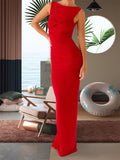 Vevesc  Elegant Sleeveless V-Neck Ruched Evening Gown with Side Slit and Embellished Waistband for Formal Events and Parties
