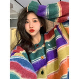 Vevesc Rainbow Striped Knitted Cardigan Women Harajuku Oversized Sweater Coat Vintage Streetwear Loose Knitwear Casual Jumpers