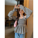 Vevesc Sweet Plaid Blouses Women Slash Neck Halter Shirts Korean Vintage Ruffles Off Shoulder Long Sleeve Slim Casual Simple Tops