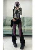 Vevesc American Style Black Purple Denim Pants Y2k E-Girl Vintage High Waist  Flare  Autumn New Tie Dye Straight Trousers