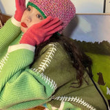 Vevesc Harajuku Knitted Cardigan Women Vintage Oversized Patchwork Sweater Coat Korean Casual Knitwears Streetwear Jumper Tops