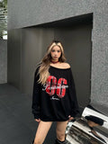 Vevesc Autumn and Winter American Streetwear Large Neckline Letter Sports Trendy Slanted Shoulder Sweatshirt Womens Loose Clothing