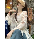 Vevesc Lace Embroidery Midi Shirts Women Vintage Long Sleeve Bandage Blouses Summer Vacation Beach Korean Sunscreen Cardigan Tops