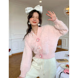 Vevesc Sweet Crop Cardigan Sweater Women Flower Patchwork Knit Coat Korean Faux Mink Fluffy Knitwear Jackets Solid Jumper Outwear