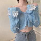 Vevesc Sweet Butterfly Knit Cardigans Women Korean Sexy V Neck Sun-Proof Crop Tops Summer Long Sleeve Sweater Sunscreen Jackets