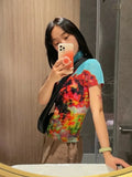 Vevesc Summer Plant Flowers Tops Women 2024 New Ruched Slim Fit Knitted T-shirts Y2k E-Girl Stand Collar Short Sleeve Tee Shirt
