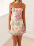 Vevesc  Women Sexy V-Neck Lace Bodycon Dress Sleeveless Backless Floral Print  Fit Party Mini Dress with Belt