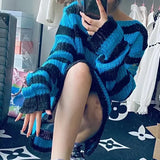 Vevesc Sexy Hollow Out Striped Long Sweaters Punk Gothic Cool Hole Broken Jumpers Over Size Loose Rock Dark  Pullovers Sweaters