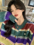 Vevesc Rainbow Stripe Cardigan Women Vintage Contrast Color Single-breasted Loose Knitting Top Autumn Winter New In Sweater