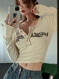 Vevesc Retro Graffiti Print Elastic T Shirt Women Sexy Slim Crop Top Ribbed Long Sleeve O-neck Tops Grunge Tee Ladies Y2K streetwear