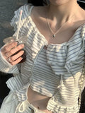 Vevesc Two Piece Sets Y2k Striped Camis Crop Tops Hotsweet Women Long Sleeve Tees Ruched Japanese Ruffled Tshirts Slim Waist Camisetas