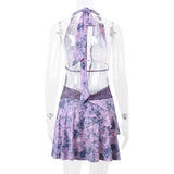 Vevesc Purple Deep V Backless Mini Dresses For Women Y2k Fashion Irregular Halter Tiered Dress Sexy Club Outfits