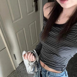 Vevesc Skew Collar Off Shoulder Long Sleeve Tops Mujer Early Autum New T-shirt for Women Fashion Vintage Striped Blusas Mujer