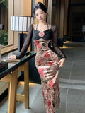 Vevesc  Velvet Evening Dresses Women Sexy Floral Long Sleeve Elegant Slim Patchwork Cocktail Dress Performance Party Ladies