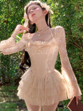 Vevesc  Spring Sweet Matching Sets Square Collar Flare Sleeve Lace Bandage Crop Tops Ruffles Mini Skirts Y2k Female Slim Women Clothing