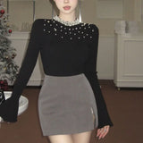 Vevesc French High End Heavy Pearl O Neck Long Flare Sleeve Shirts Autumn All Match Vintage Punk Women Clothes Y2k Aesthetic Pullover