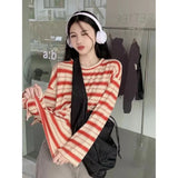 Vevesc Korean Chic Striped Long Sleeve T-shirt Women Autumn Grunge Looselong  Tops Mujer Y2k E-Girl Mid-length Thin Tee Shirt