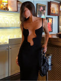 Vevesc Irregular Sexy Hollow Out Wave Women Maxi Dress Black Spaghetti Strap Evening Dress Lady Elegant Vacation Party Clubwear