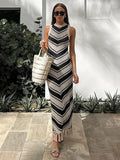 Vevesc Sexy Tight Striped Tassel Knitted Dress For Women Sleeveless 2024 Summer Fashion Beach Party Evening Long Knitwear Dress