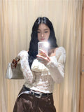 Vevesc Korean Chic Streetwear Slash Neck Tshirts Long Sleeve Y2k Aesthetic Fashion Women T-shirt Off Shoulder Fairy Lace Crop Top Femme