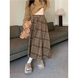 Vevesc Vintage Plaid Skirt Women Elegant Pleated Korean Style Long Skirts High Waist Autumn Winter A-line Skirts Aesthetics