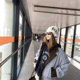 Vevesc Y2k Winter Jacket Womens Blue Solid Color Spliced Cotton Clothes Autumn and Winter New Loose Simple Cotton Clothing Tops