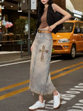 Vevesc Women Long Skirt Harajuku Korean Denim Skirt Y2k Emo 2000s Clothes 90s Fashion Vintage Gradient A-line Jean Skirt Grunge Clothes