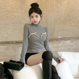 Vevesc New Fashion Early Autumn Half Collar Long Sleeve T Shirts Sweet American Bow Appliques Slim Fit Clothing Y2k Streetwear Sexy Tee