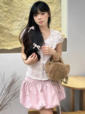 Vevesc  Fashion Sweet Matching Sets Puff Sleeve Plaid Shirts Folds High Waist Lace-up Mini Skirts Summer Y2k Female Slim Women Clothing