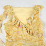 Vevesc  Holiday Style Yellow Flora Prints Women Dress Summer Fashion Design Irregular Ruffles V-Neck Short Frock