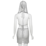 Vevesc Y2k Sexy Two Piece Set Hollow Out Knit Sequin Hooded Crop Top And Mini Skirt Crochet Rave Festival Outfits For Women